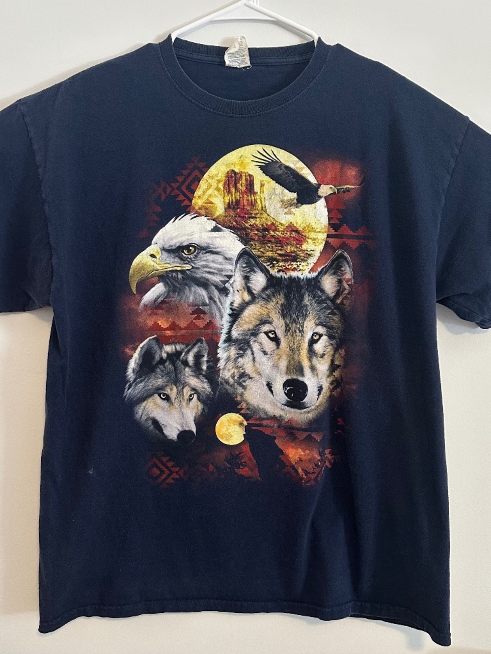 Wolf & Bald Eagle Animal Graphic Print T-Shirt XL Navy Blue Y2K Short Sleeve
